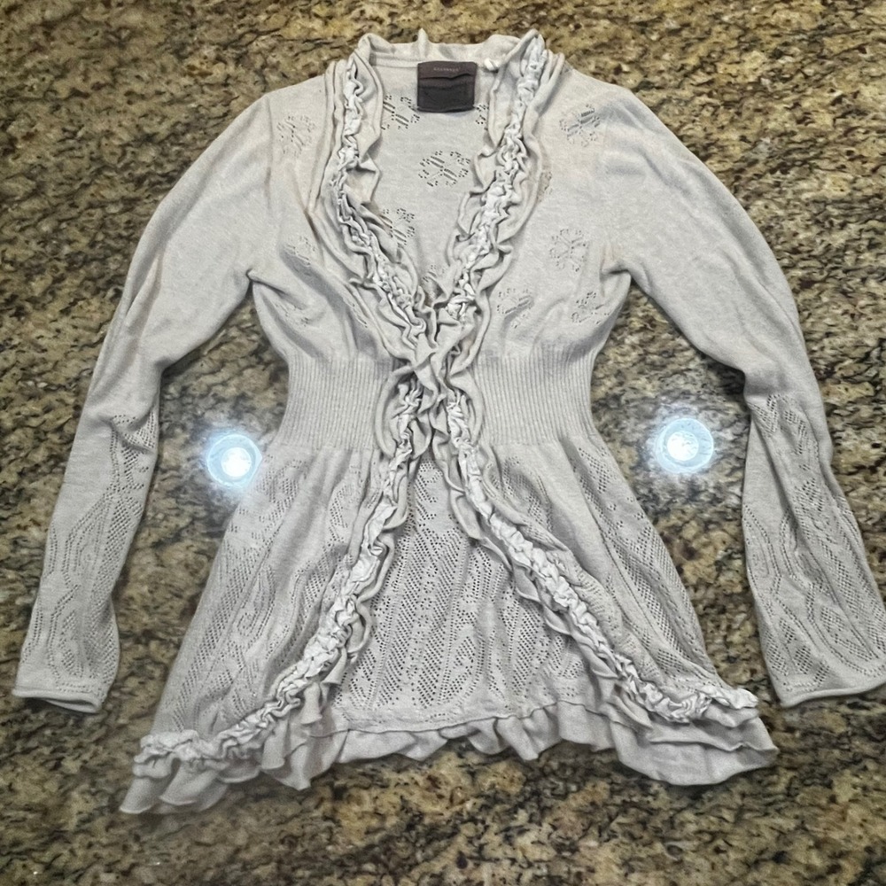 Guinevere‎ Anthropologie Oatmeal Ruffle Pointelle Knit Cardigan Sweater Womens M